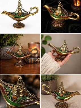 Ornate Brass Genie Lamp with Green & Red Enamel Accents